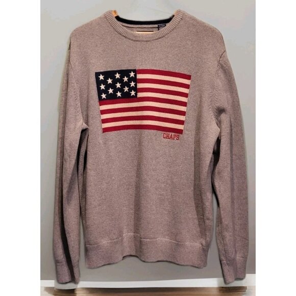 Mens Gray American Flag Patriotic Crewneck Sweater Chaps Sz XL - Picture 1 of 8